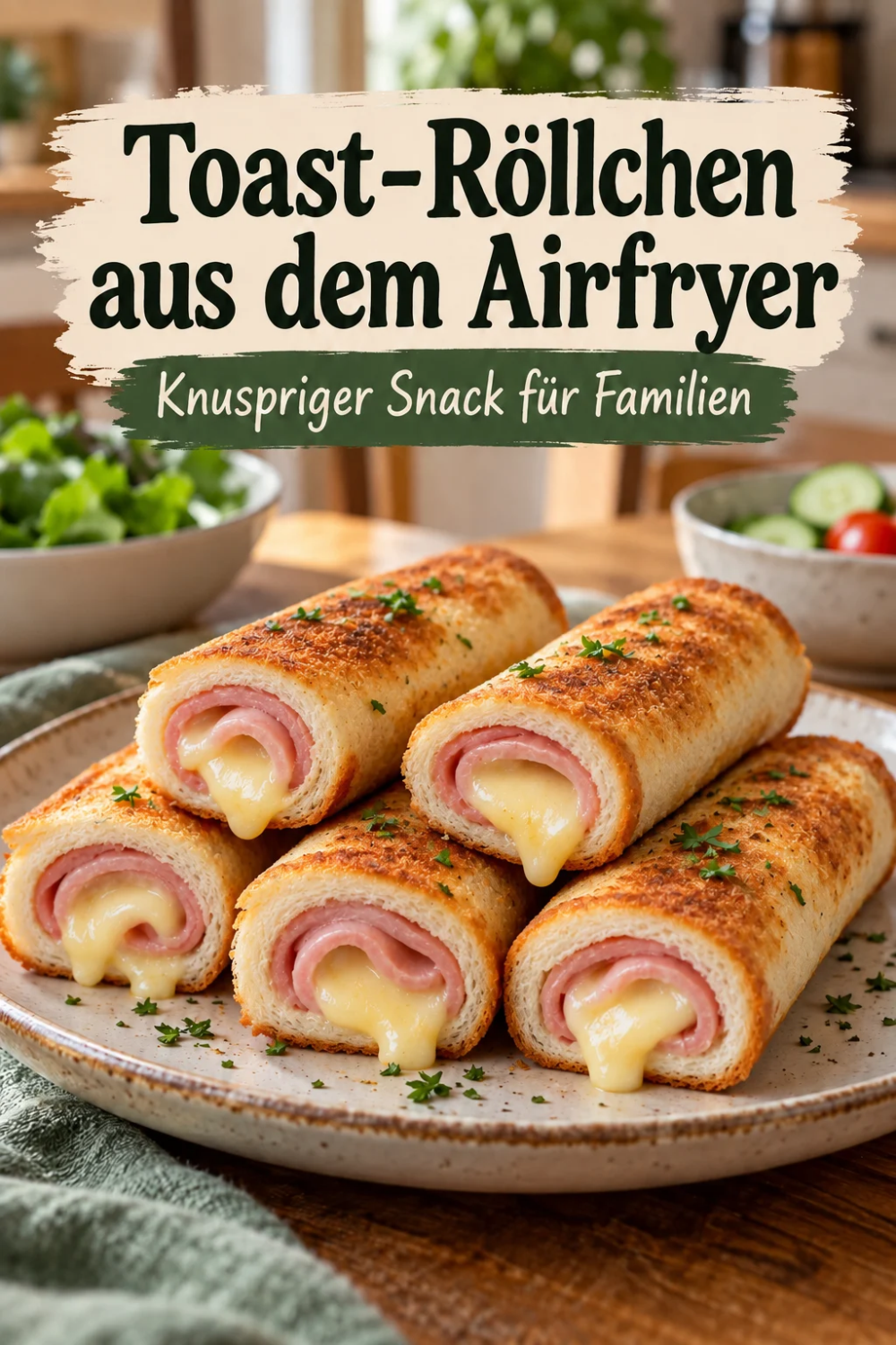 Airfryer-Toast-Röllchen mit Schinken und Käse