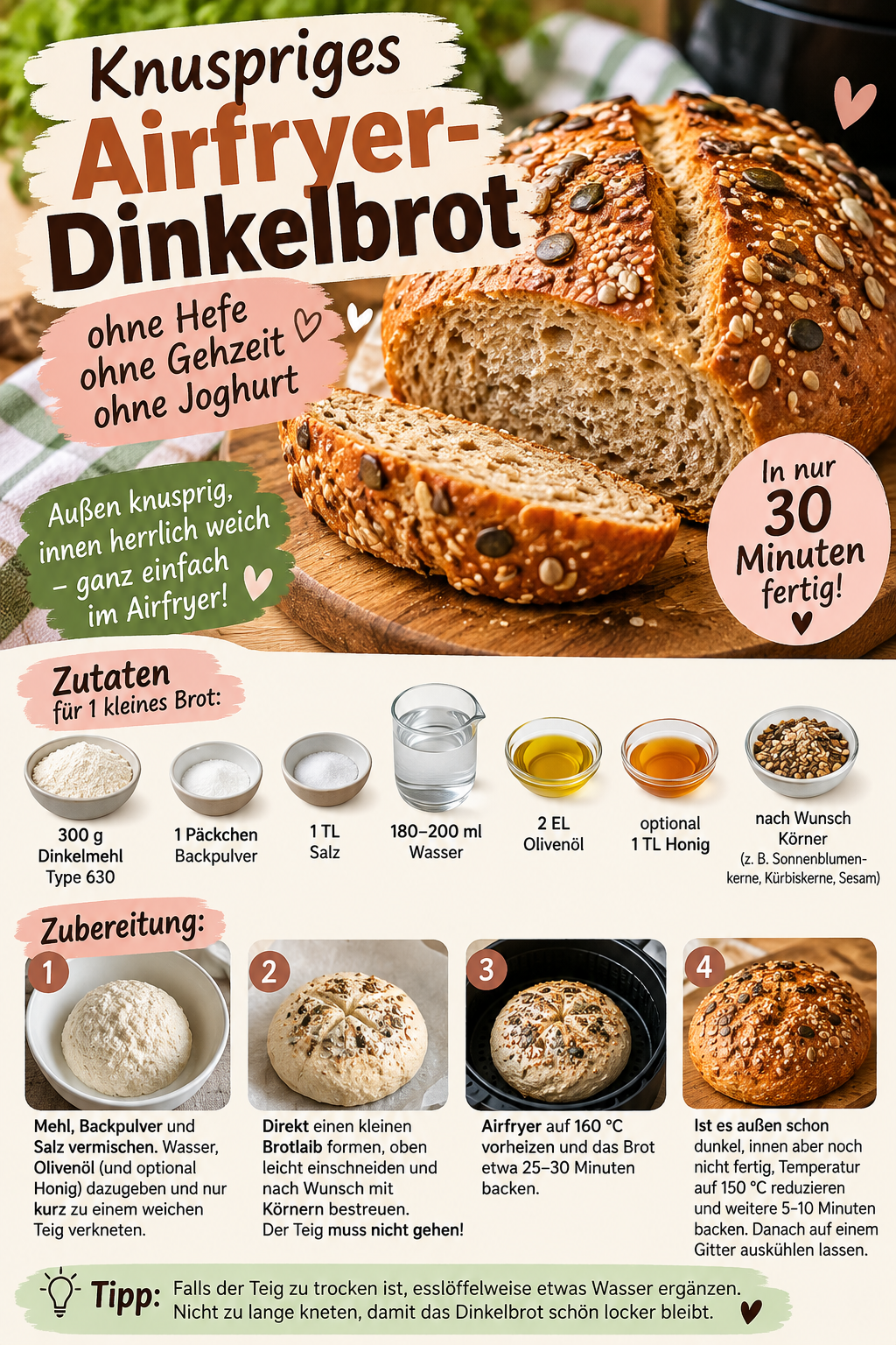 Knuspriges Dinkelbrot aus dem Airfryer – ganz ohne Hefe