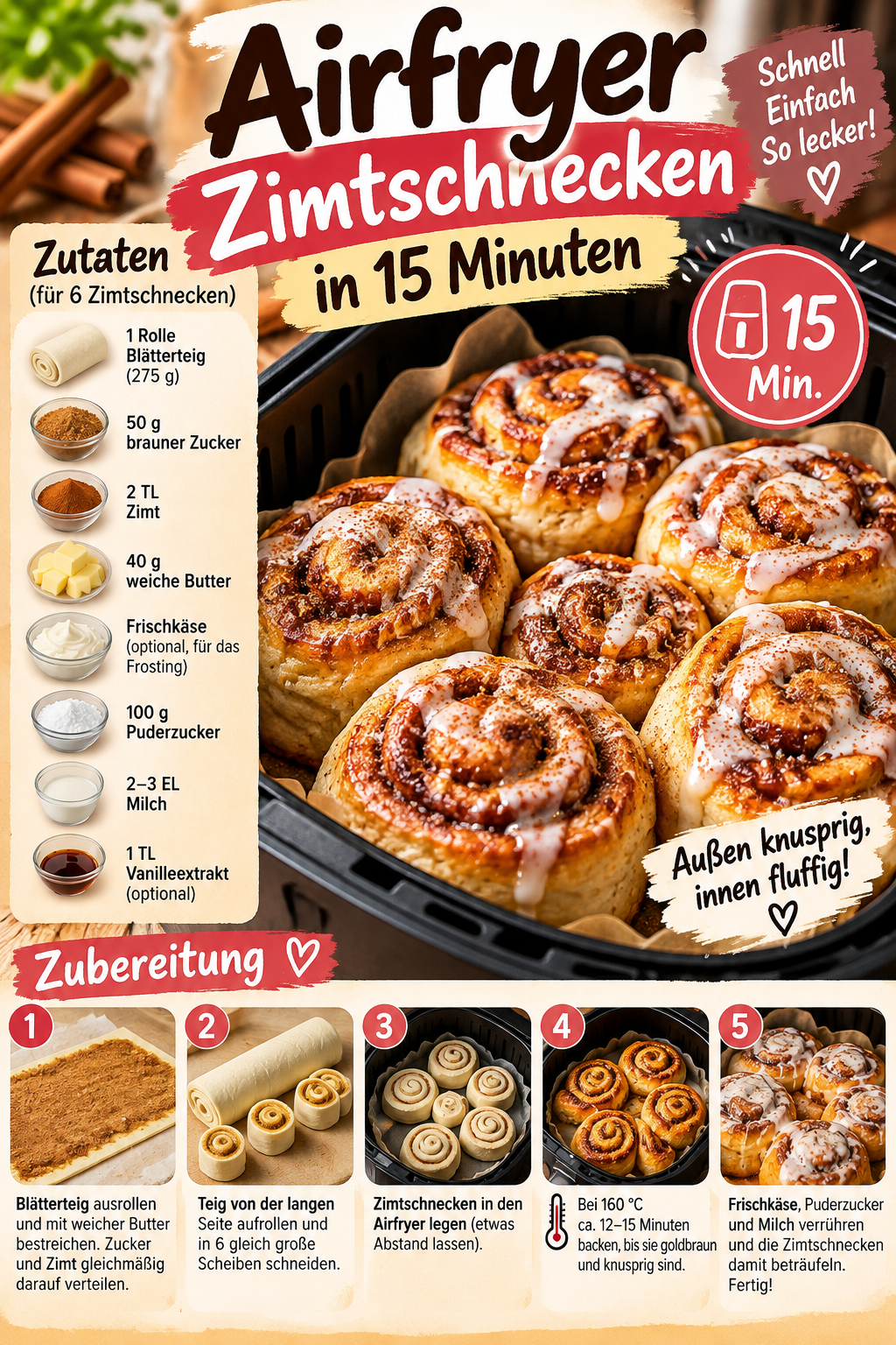 Schnelle Zimtschnecken aus dem Airfryer in 15 Minuten